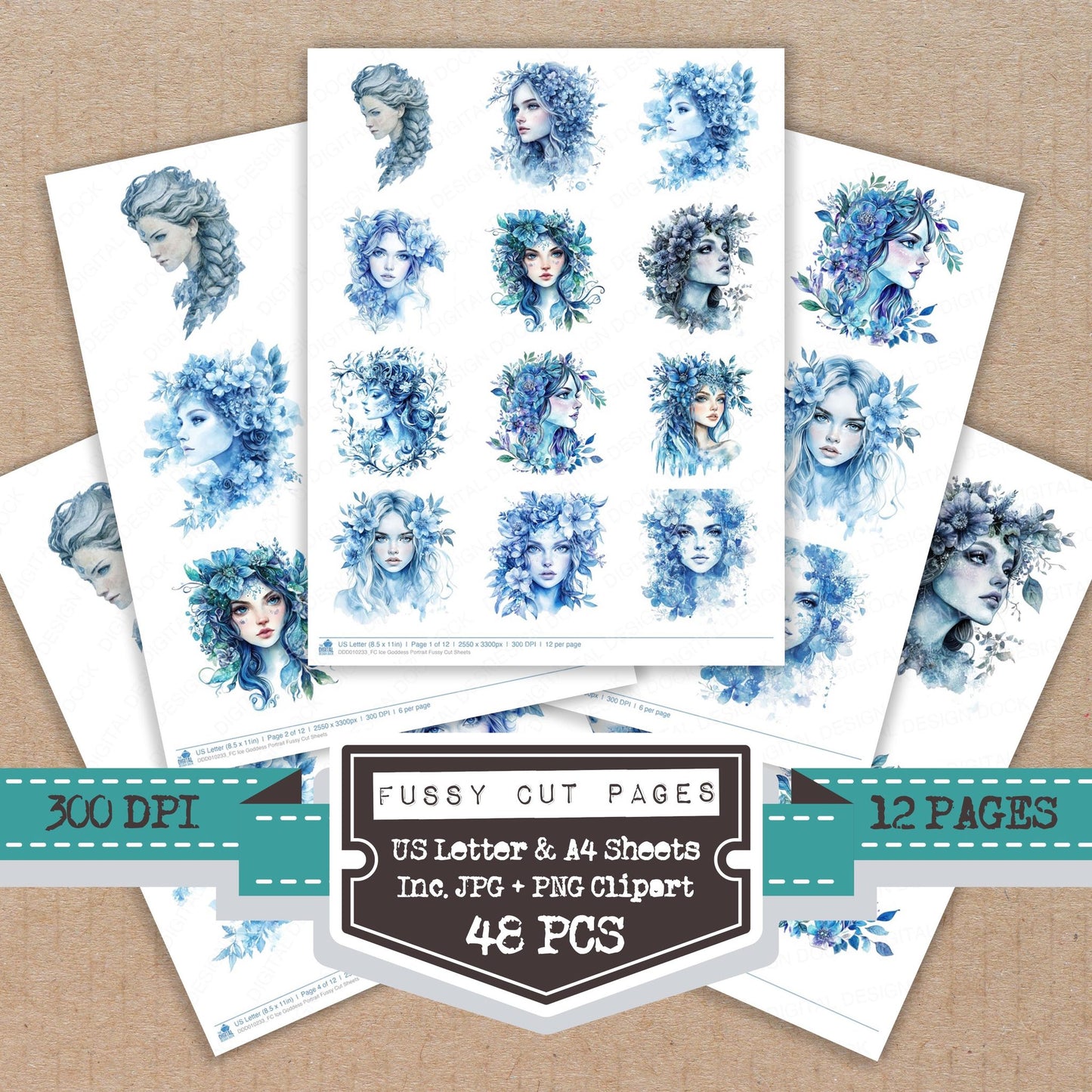 Ice Goddess Portrait fussy cut printable sheets for junk journaling, scrapbooking, and paper craft projects