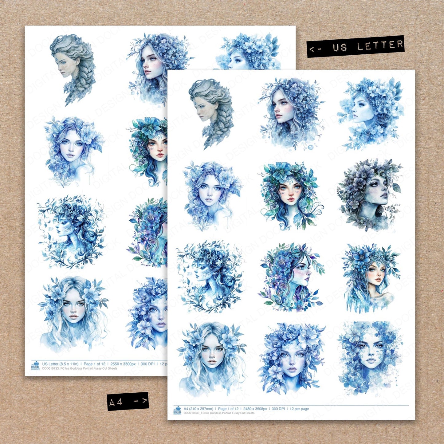 A4 and US Letter format comparison showing Ice Goddess Portrait fussy cut pages for print and cut crafting
