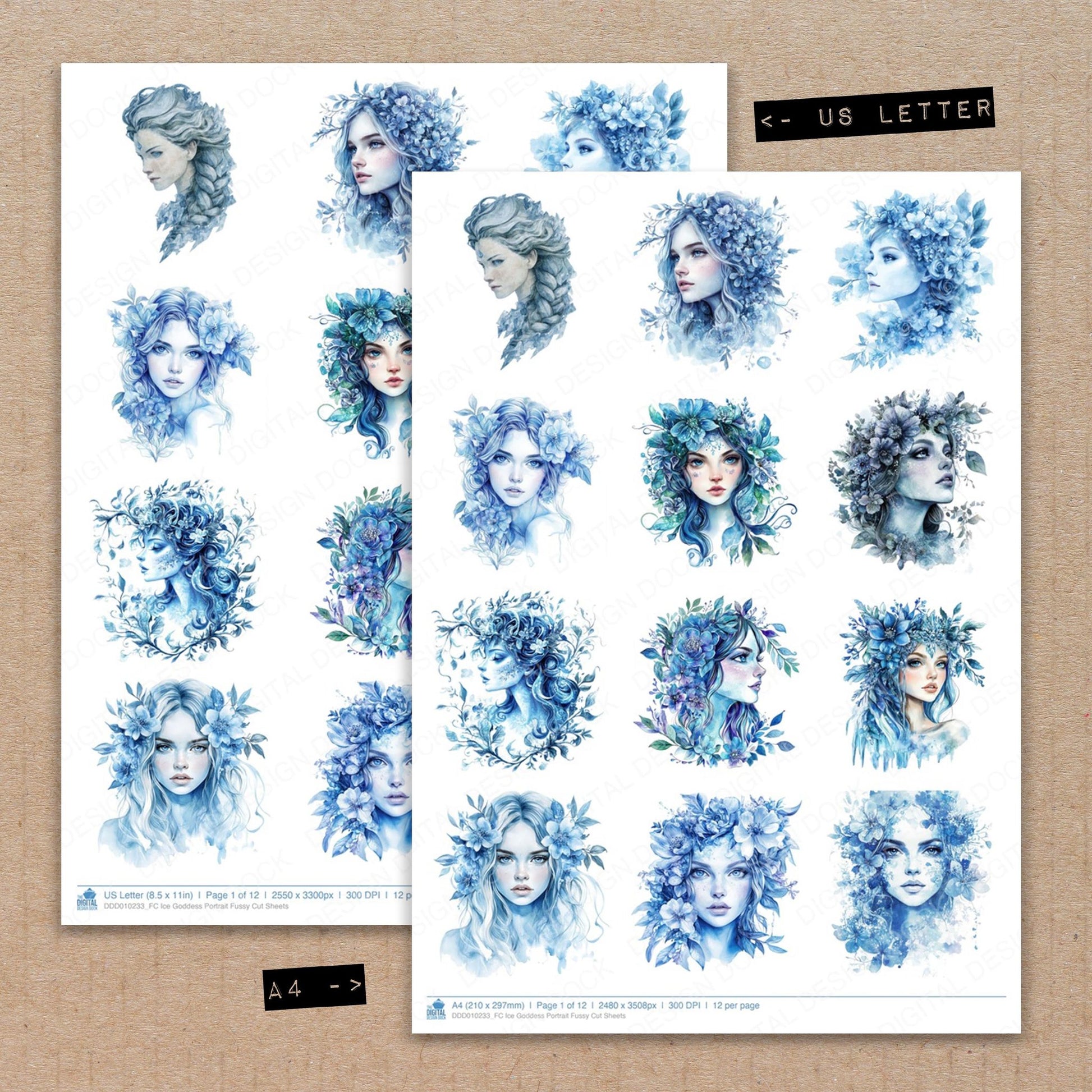 A4 and US Letter format comparison showing Ice Goddess Portrait fussy cut pages for print and cut crafting