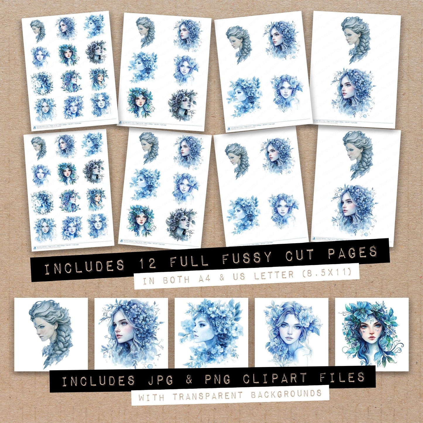 Full collection view of Ice Goddess Portrait fussy cut sheets with bonus clipart JPG and PNG files