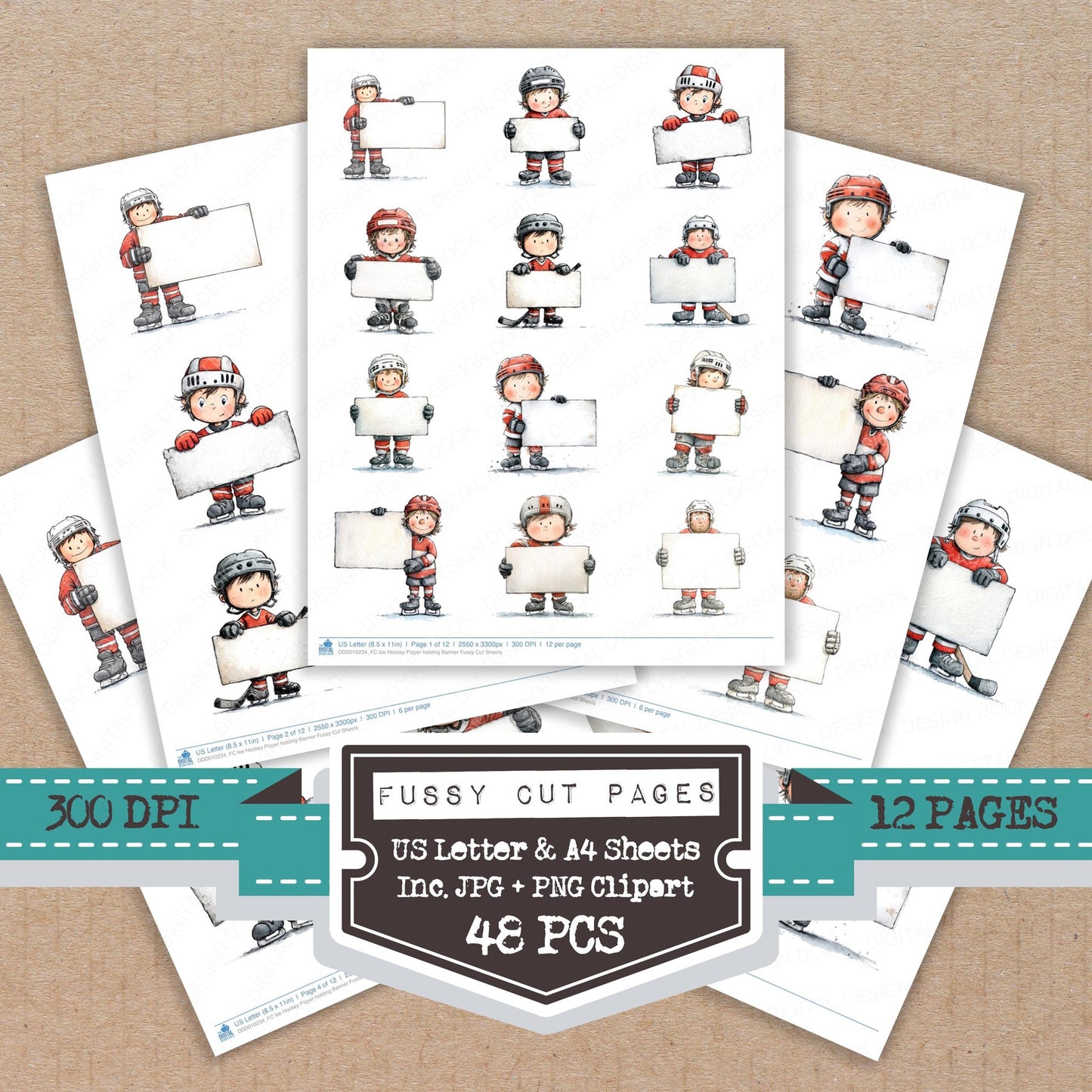 Ice Hockey Player holding Banner fussy cut printable sheets for junk journaling, scrapbooking, and paper craft projects