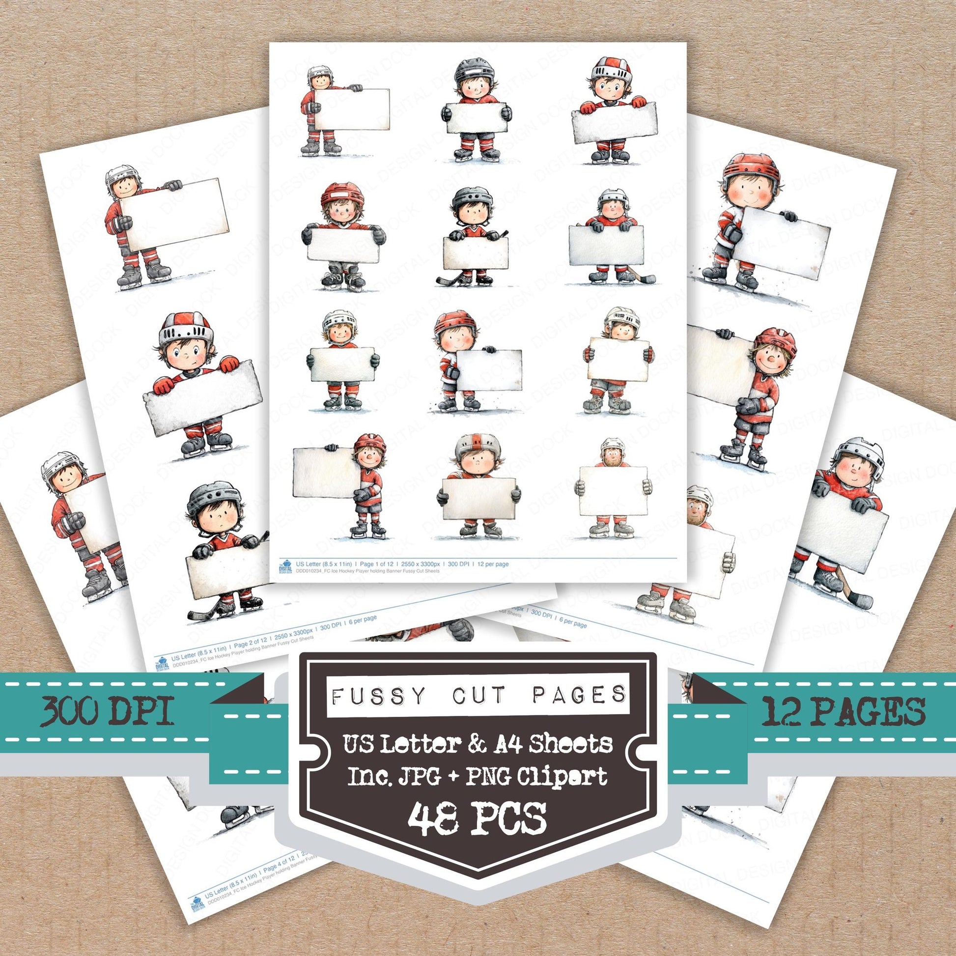Ice Hockey Player holding Banner fussy cut printable sheets for junk journaling, scrapbooking, and paper craft projects