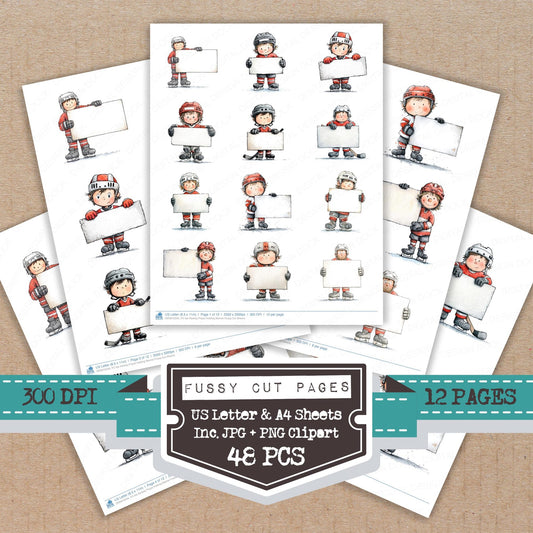 Ice Hockey Player holding Banner fussy cut printable sheets for junk journaling, scrapbooking, and paper craft projects