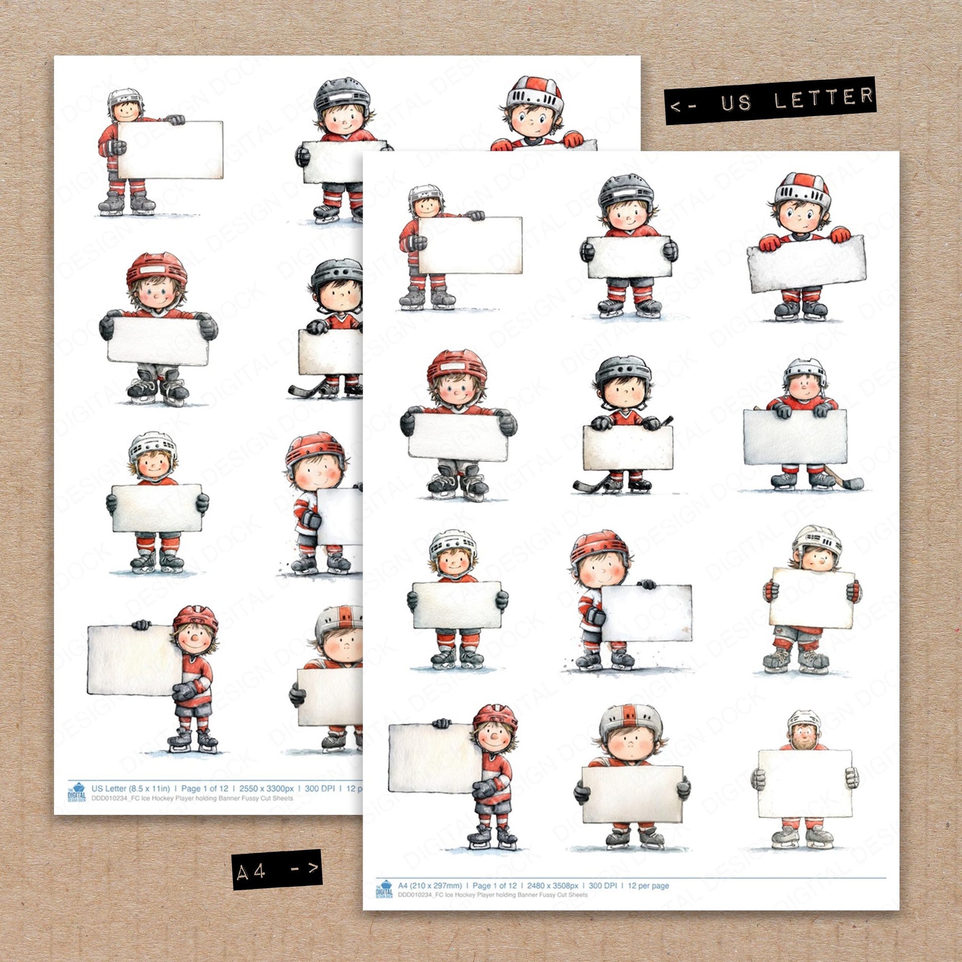 A4 and US Letter format comparison showing Ice Hockey Player holding Banner fussy cut pages for print and cut crafting