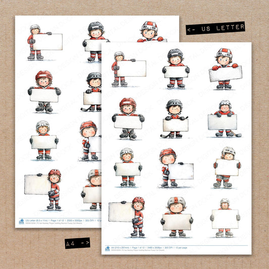 A4 and US Letter format comparison showing Ice Hockey Player holding Banner fussy cut pages for print and cut crafting