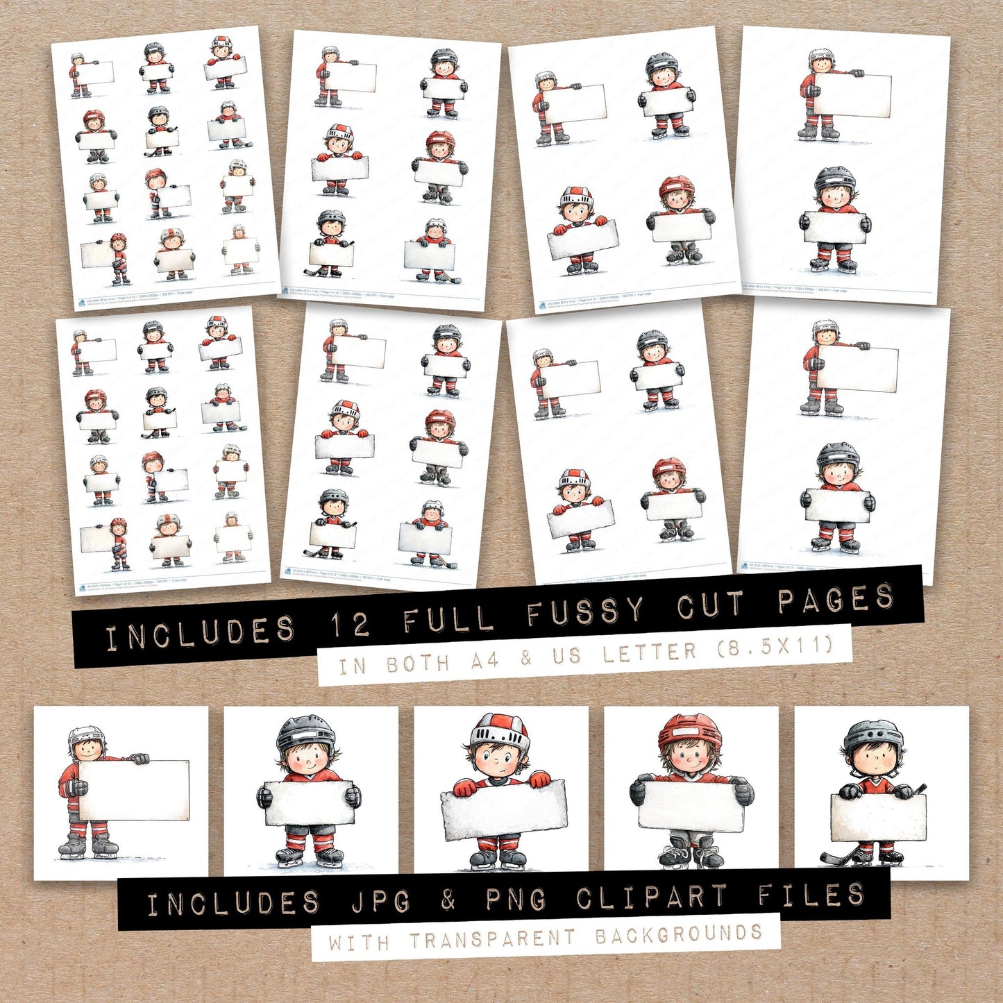 Full collection view of Ice Hockey Player holding Banner fussy cut sheets with bonus clipart JPG and PNG files