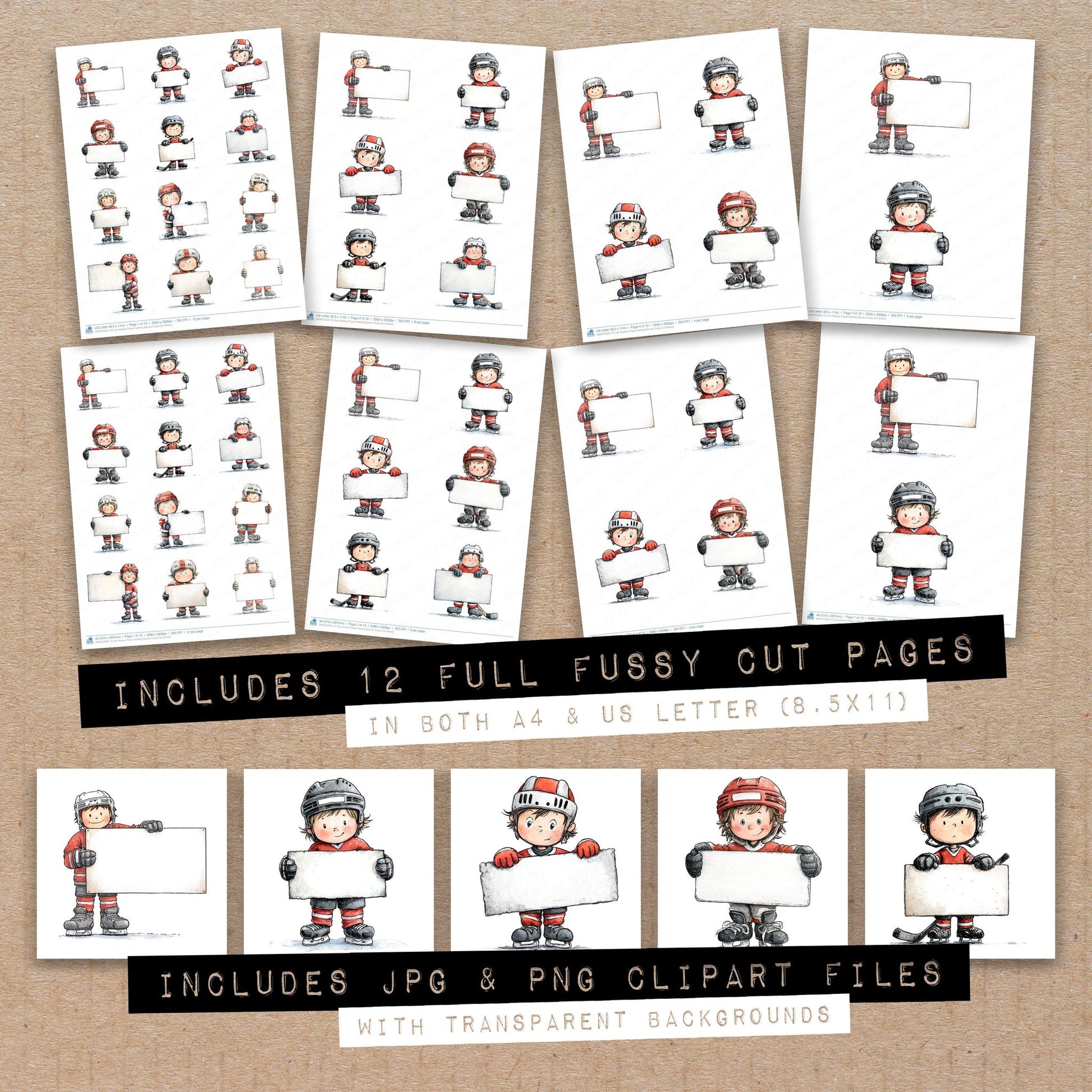 Full collection view of Ice Hockey Player holding Banner fussy cut sheets with bonus clipart JPG and PNG files