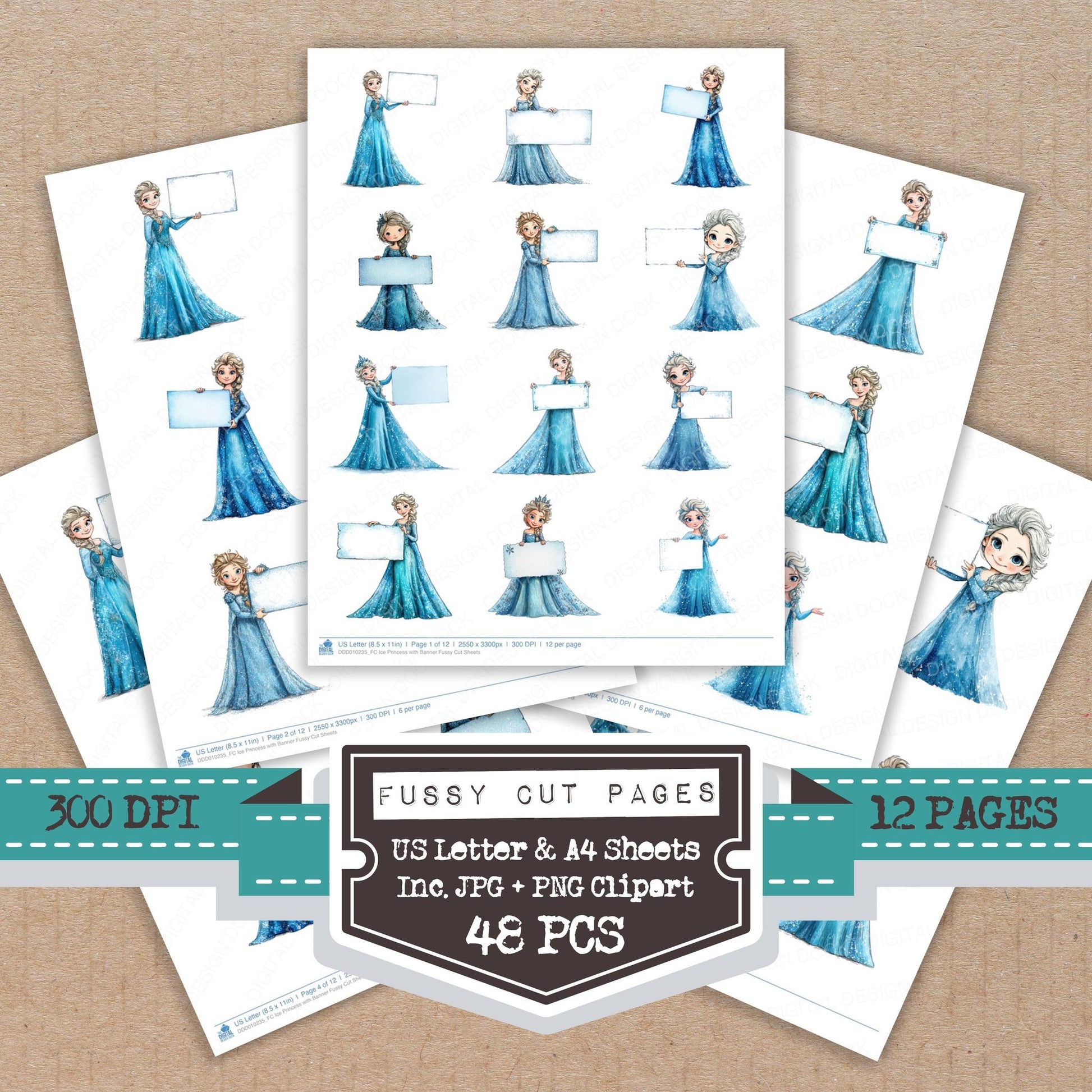 Ice Princess with Banner fussy cut printable sheets for junk journaling, scrapbooking, and paper craft projects
