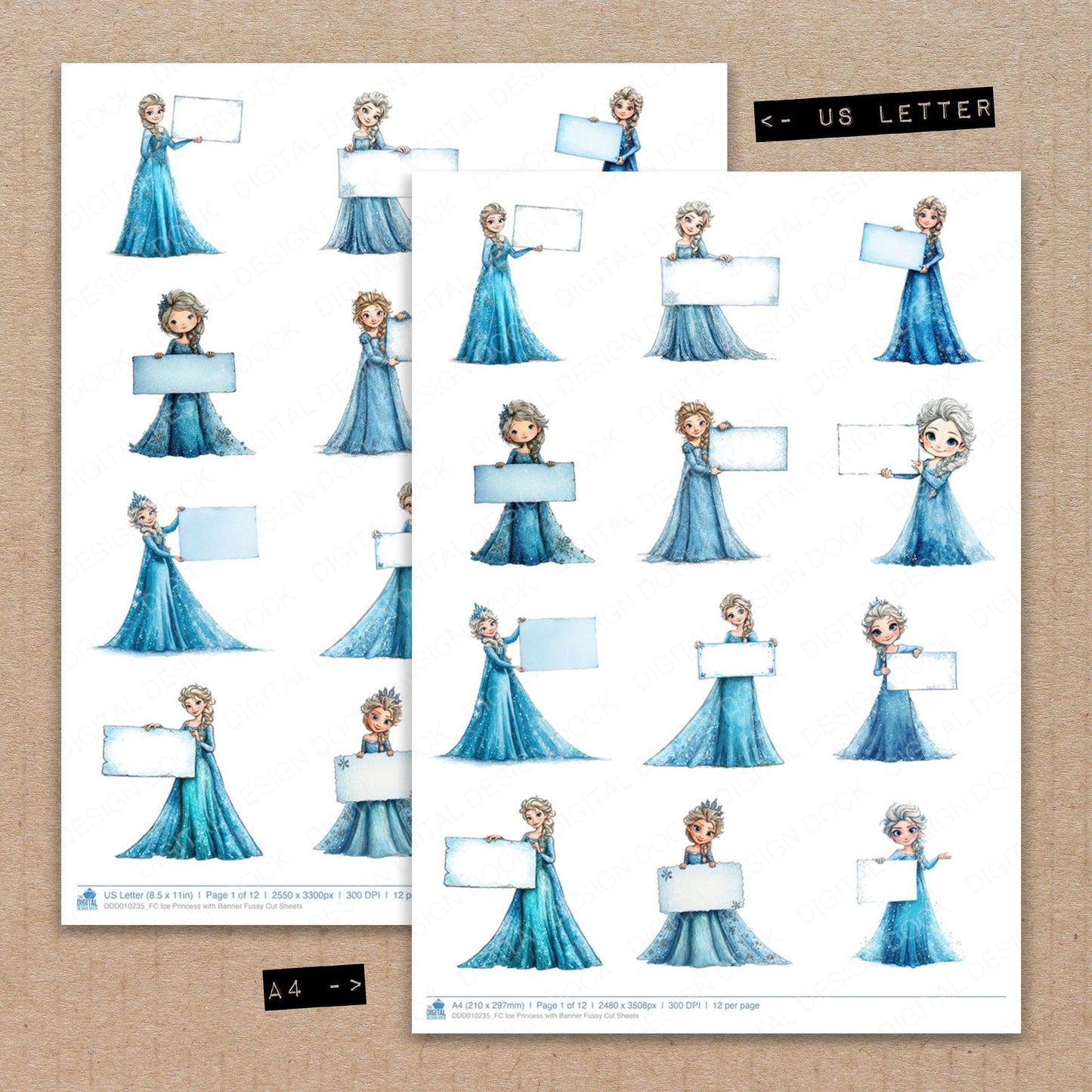 A4 and US Letter format comparison showing Ice Princess with Banner fussy cut pages for print and cut crafting