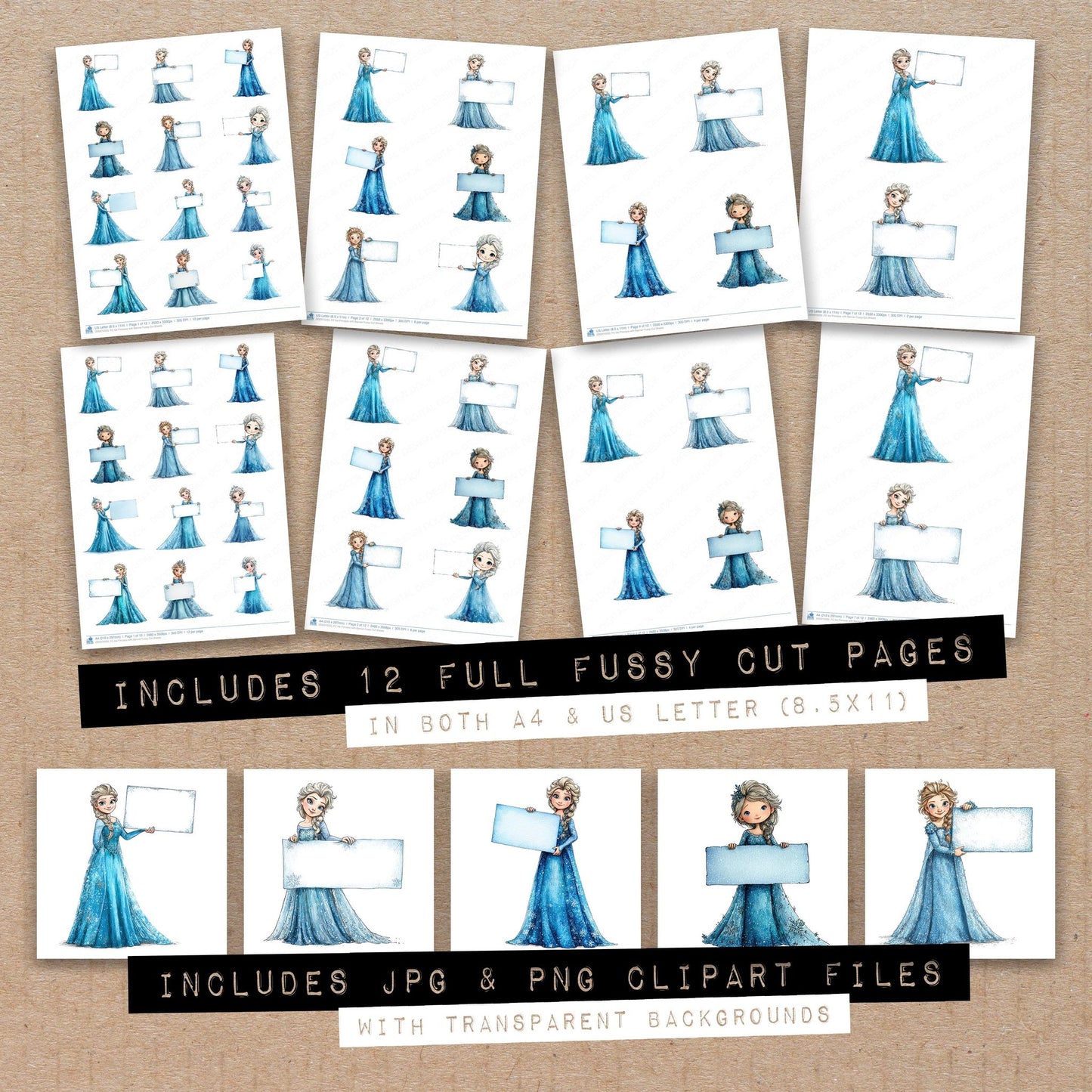 Full collection view of Ice Princess with Banner fussy cut sheets with bonus clipart JPG and PNG files