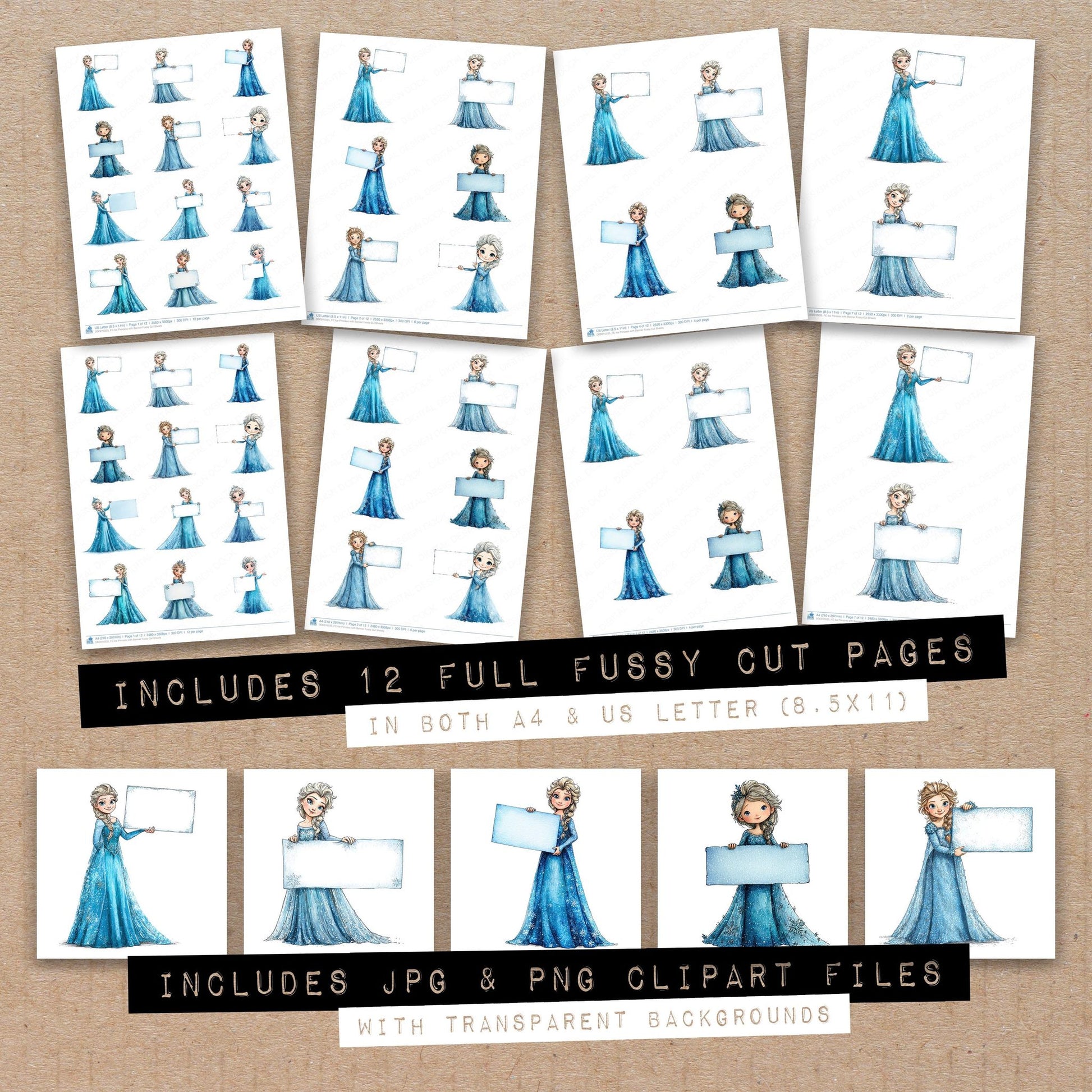 Full collection view of Ice Princess with Banner fussy cut sheets with bonus clipart JPG and PNG files