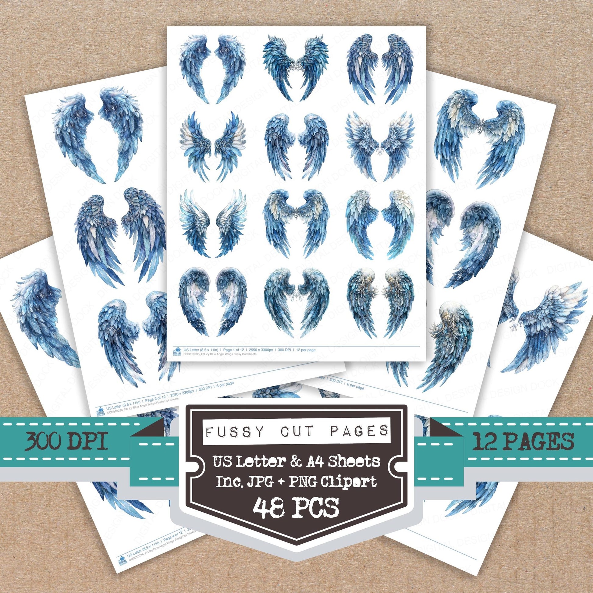 Icy Blue Angel Wings fussy cut printable sheets for junk journaling, scrapbooking, and paper craft projects