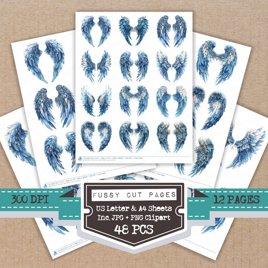 Icy Blue Angel Wings fussy cut printable sheets for junk journaling, scrapbooking, and paper craft projects