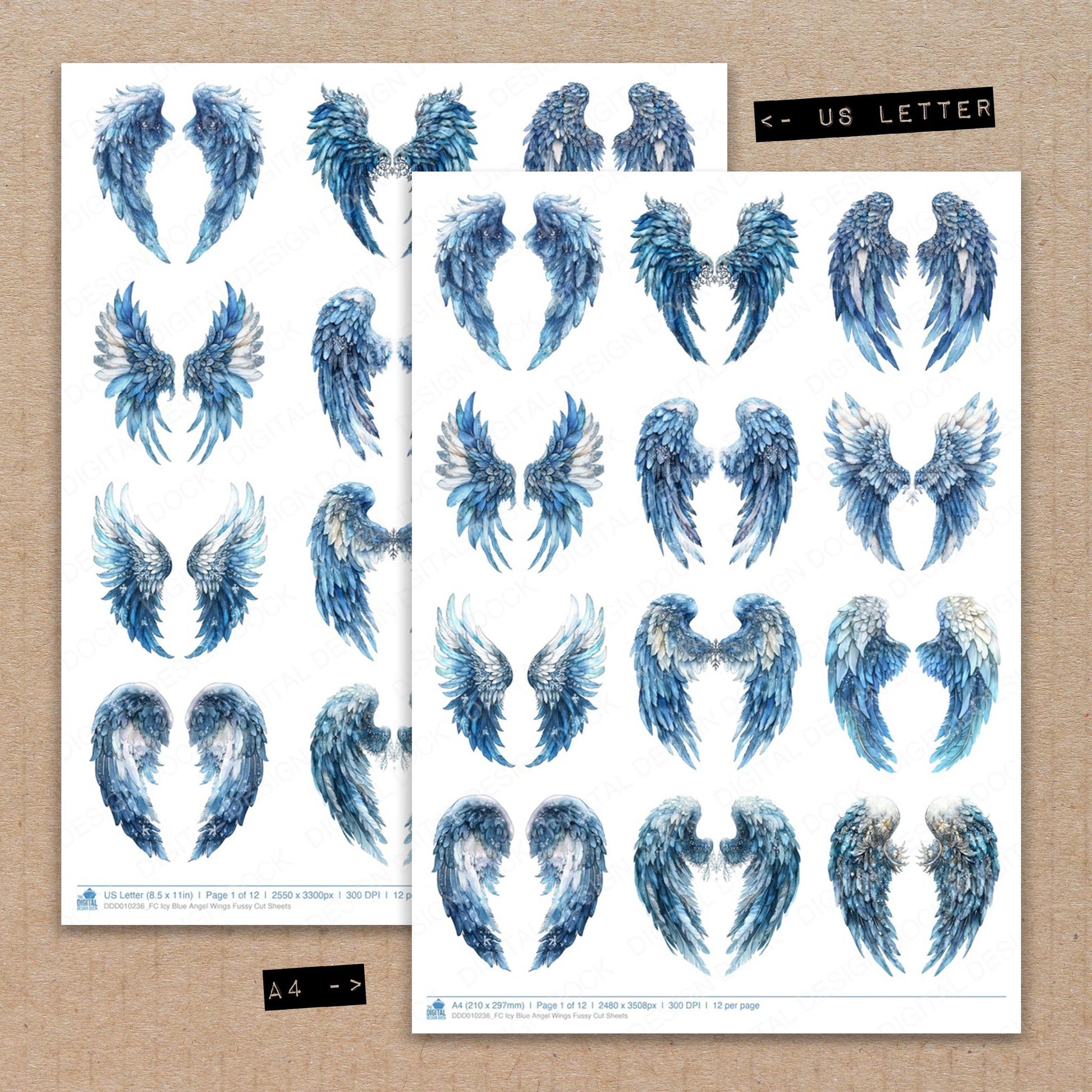 A4 and US Letter format comparison showing Icy Blue Angel Wings fussy cut pages for print and cut crafting