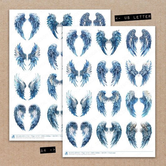 A4 and US Letter format comparison showing Icy Blue Angel Wings fussy cut pages for print and cut crafting
