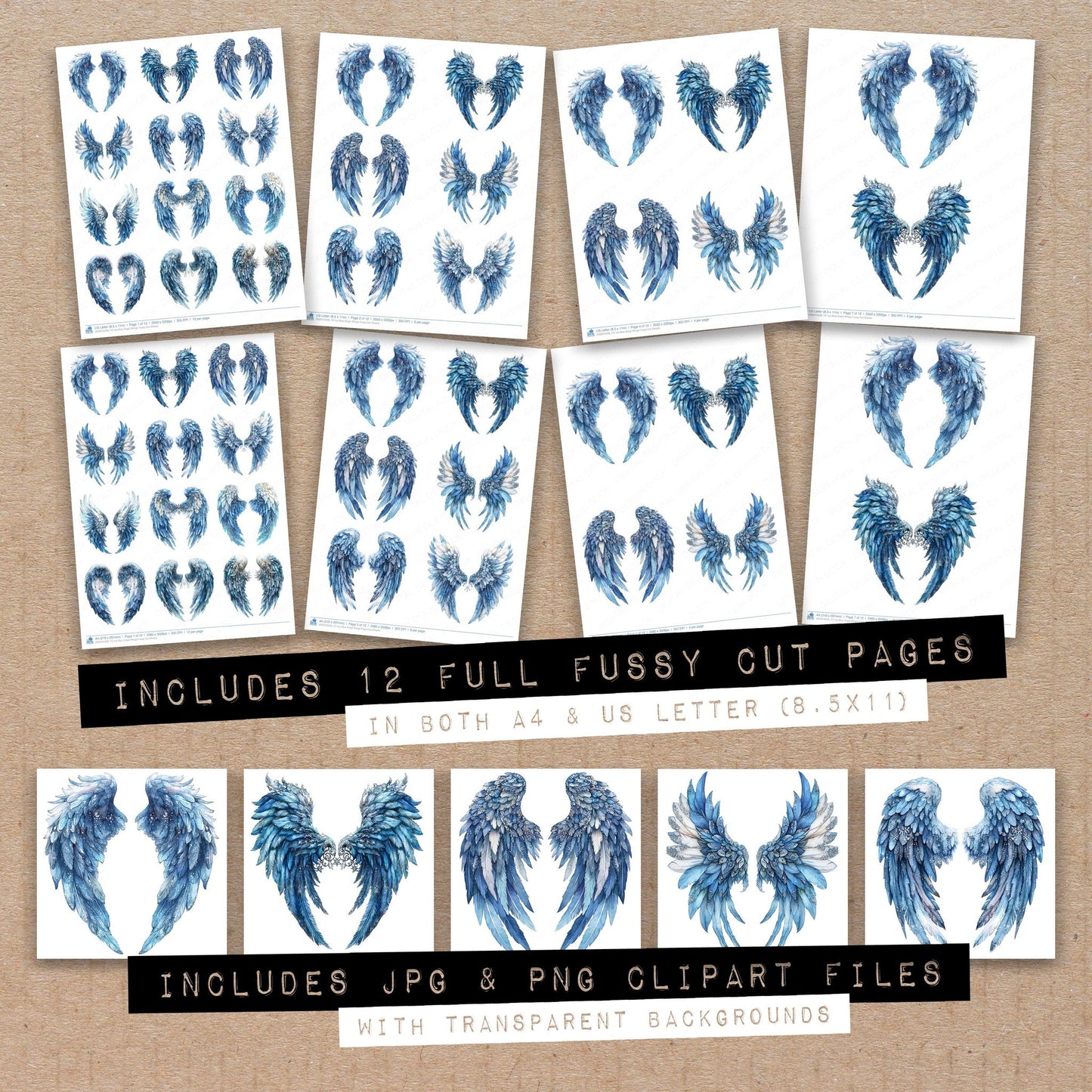 Full collection view of Icy Blue Angel Wings fussy cut sheets with bonus clipart JPG and PNG files