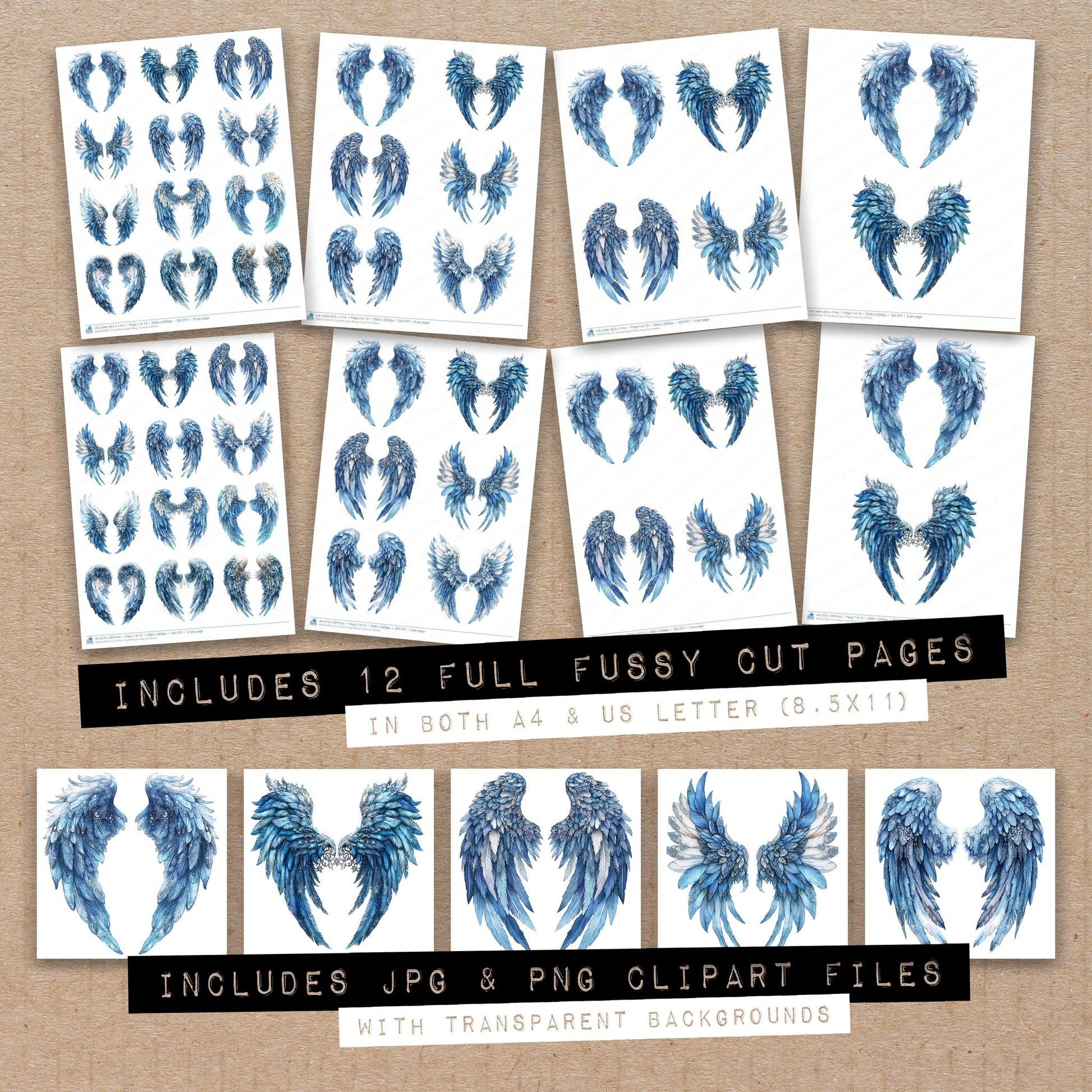Full collection view of Icy Blue Angel Wings fussy cut sheets with bonus clipart JPG and PNG files