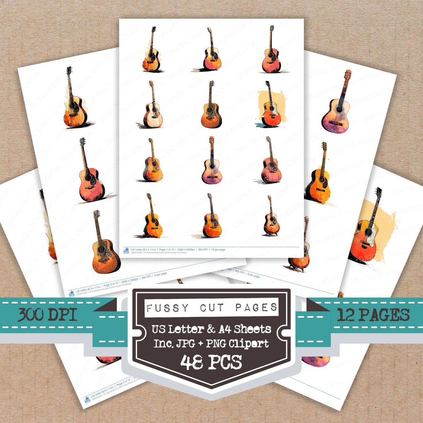 Illustrated Acoustic Guitar fussy cut printable sheets for junk journaling, scrapbooking, and paper craft projects
