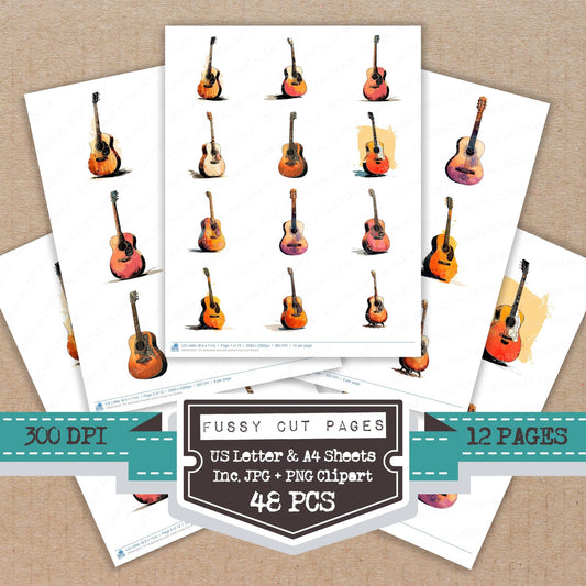 Illustrated Acoustic Guitar fussy cut printable sheets for junk journaling, scrapbooking, and paper craft projects