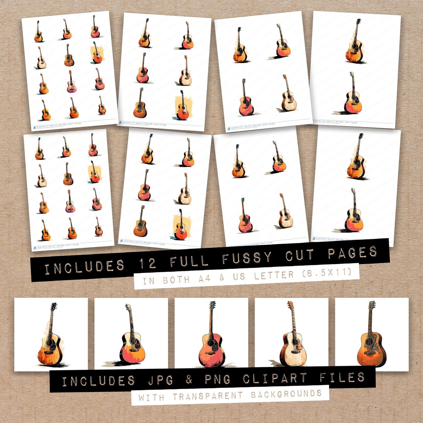 Full collection view of Illustrated Acoustic Guitar fussy cut sheets with bonus clipart JPG and PNG files