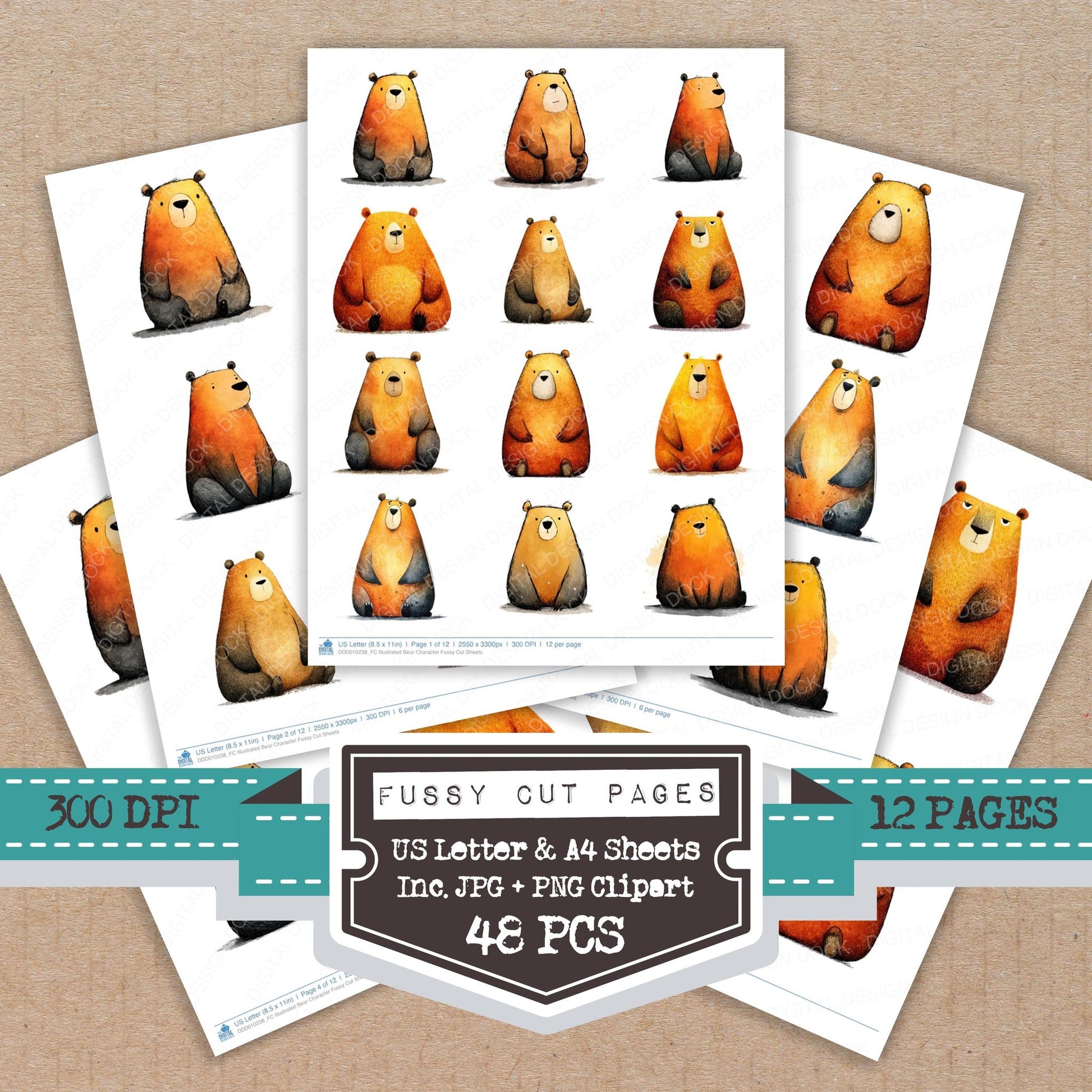Illustrated Bear Character fussy cut printable sheets for junk journaling, scrapbooking, and paper craft projects