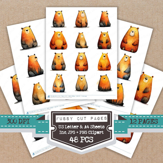 Illustrated Bear Character fussy cut printable sheets for junk journaling, scrapbooking, and paper craft projects