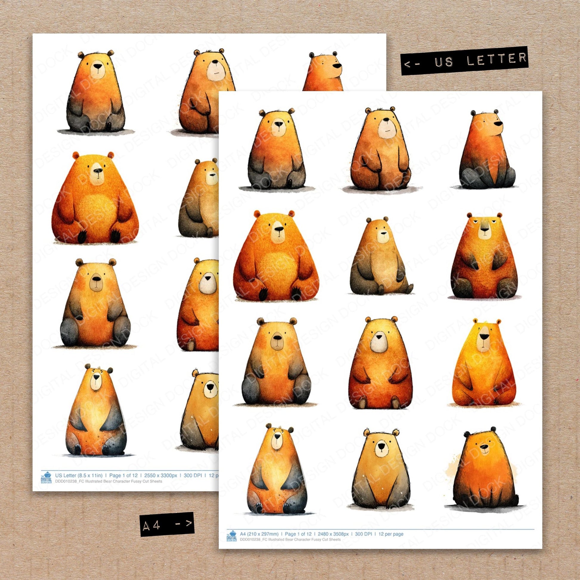 A4 and US Letter format comparison showing Illustrated Bear Character fussy cut pages for print and cut crafting