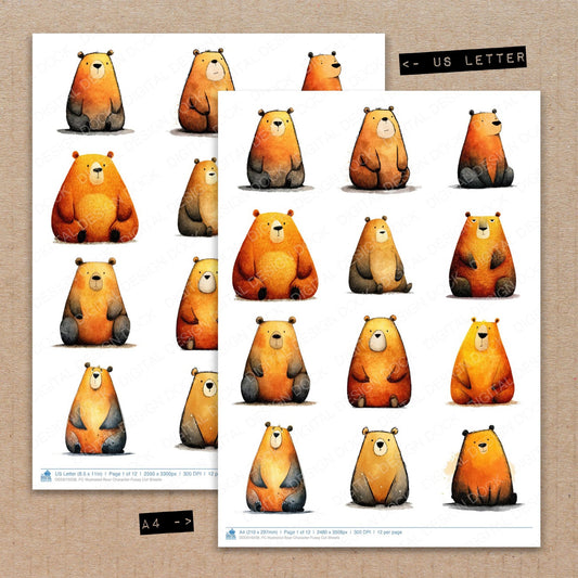 A4 and US Letter format comparison showing Illustrated Bear Character fussy cut pages for print and cut crafting