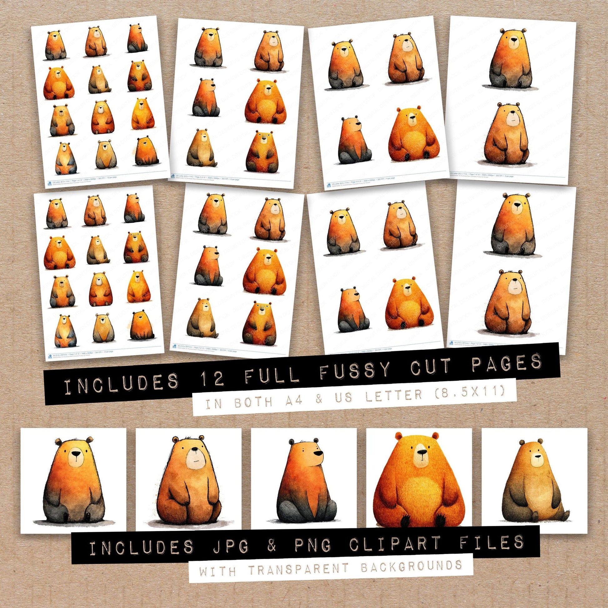 Full collection view of Illustrated Bear Character fussy cut sheets with bonus clipart JPG and PNG files
