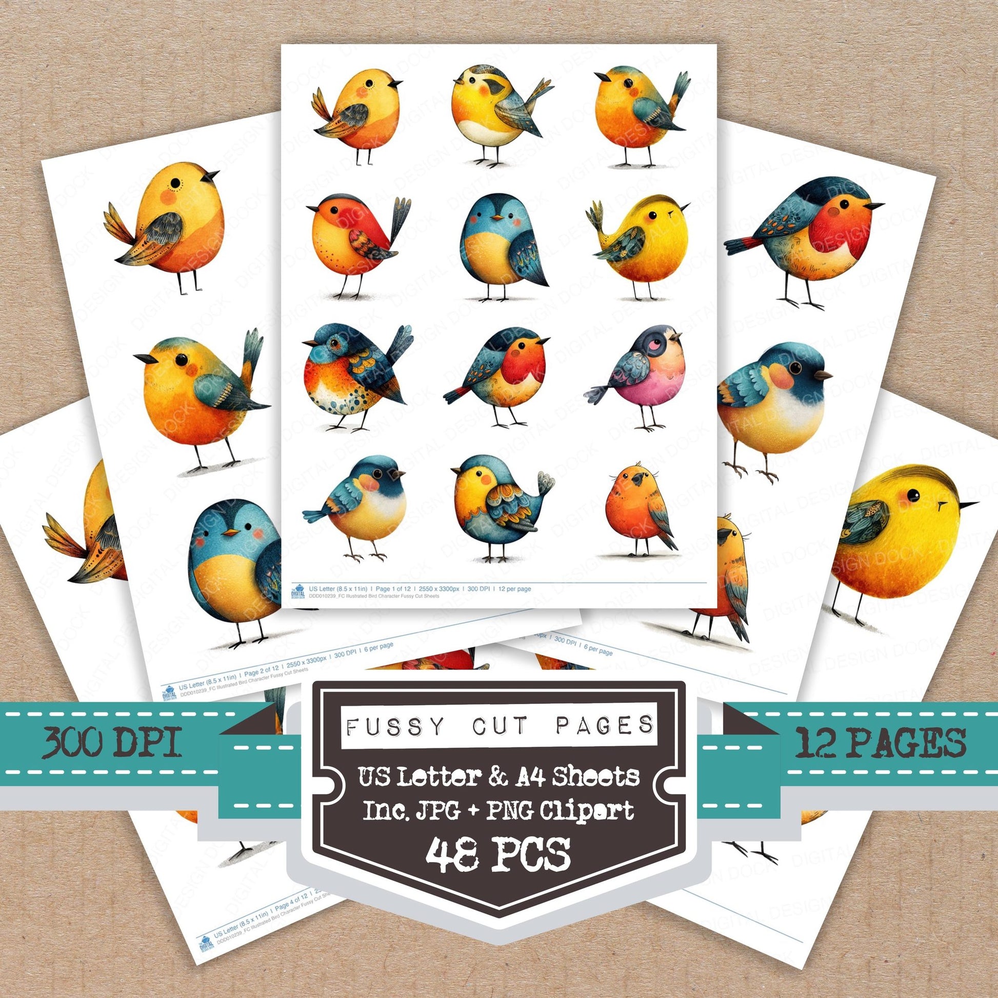 Illustrated Bird Character fussy cut printable sheets for junk journaling, scrapbooking, and paper craft projects