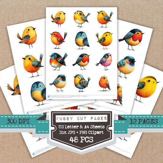 Illustrated Bird Character fussy cut printable sheets for junk journaling, scrapbooking, and paper craft projects