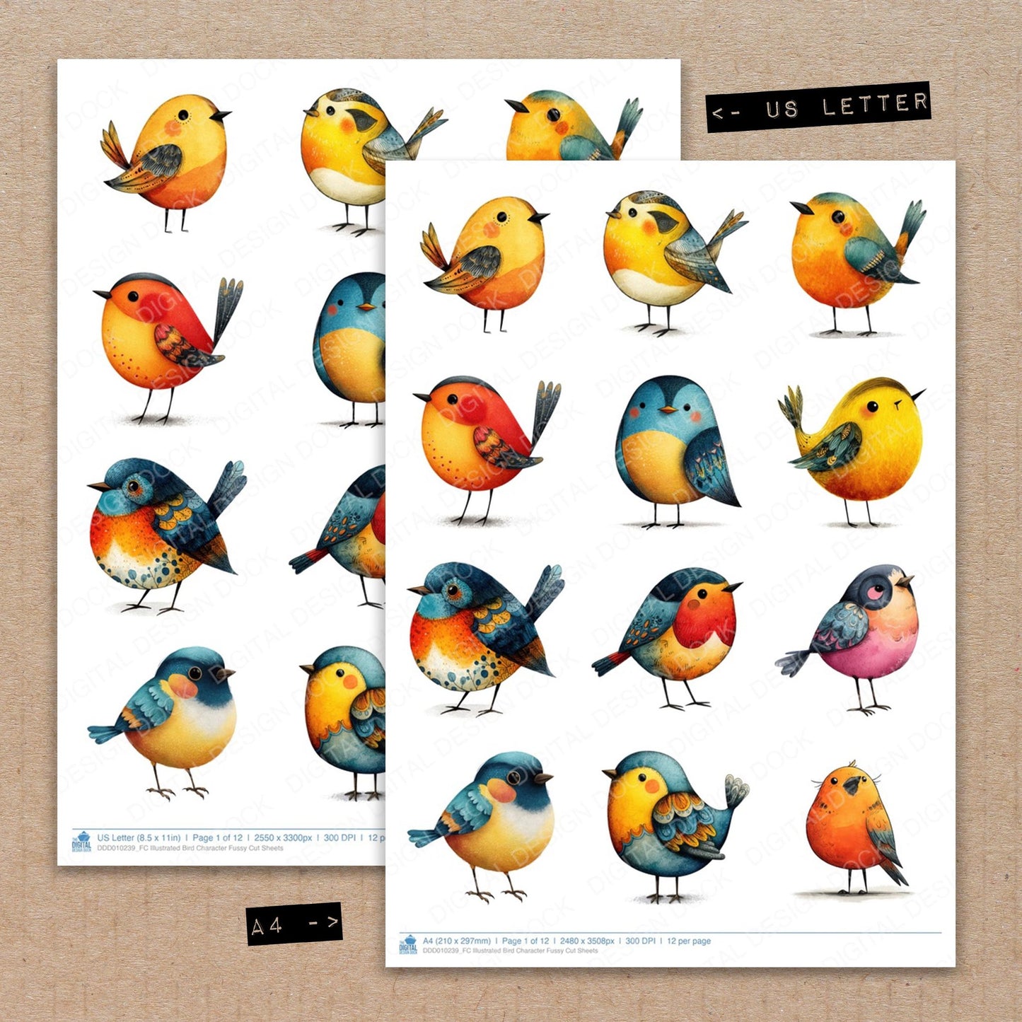 A4 and US Letter format comparison showing Illustrated Bird Character fussy cut pages for print and cut crafting