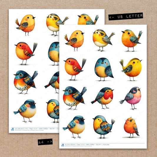 A4 and US Letter format comparison showing Illustrated Bird Character fussy cut pages for print and cut crafting