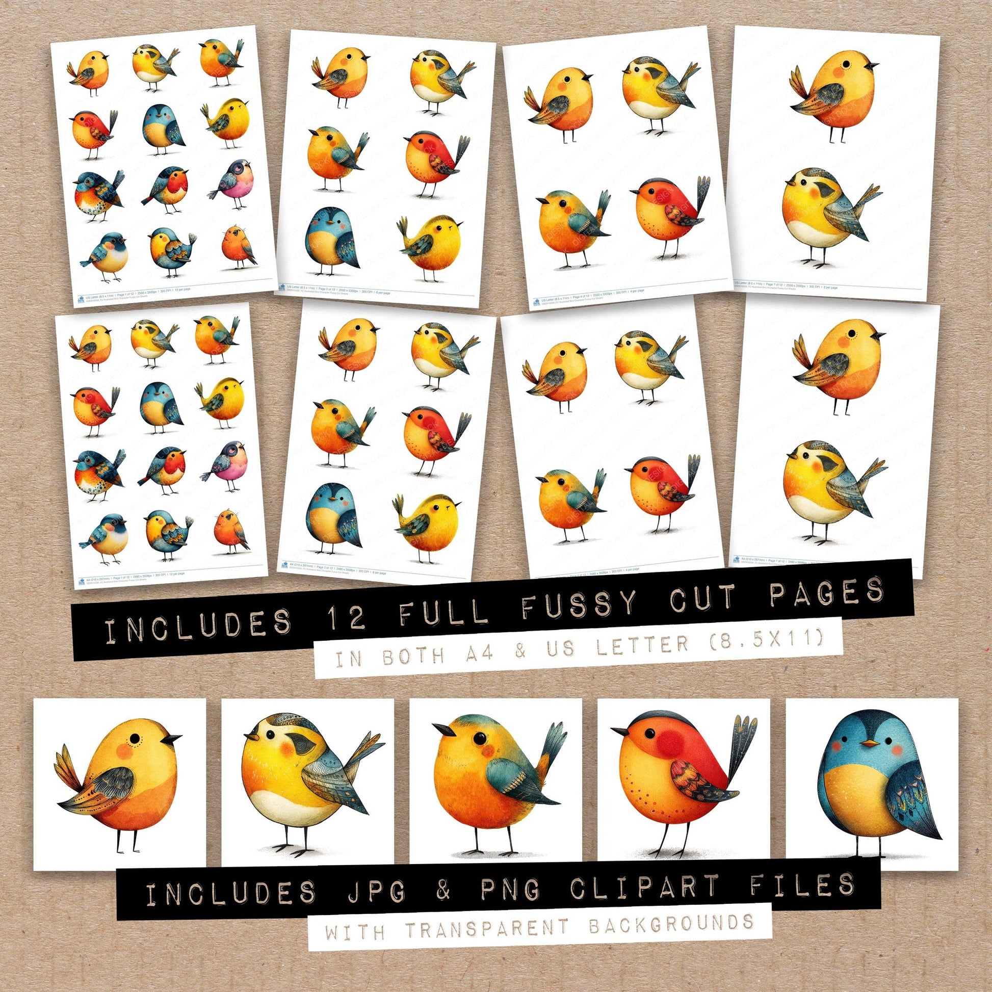 Full collection view of Illustrated Bird Character fussy cut sheets with bonus clipart JPG and PNG files