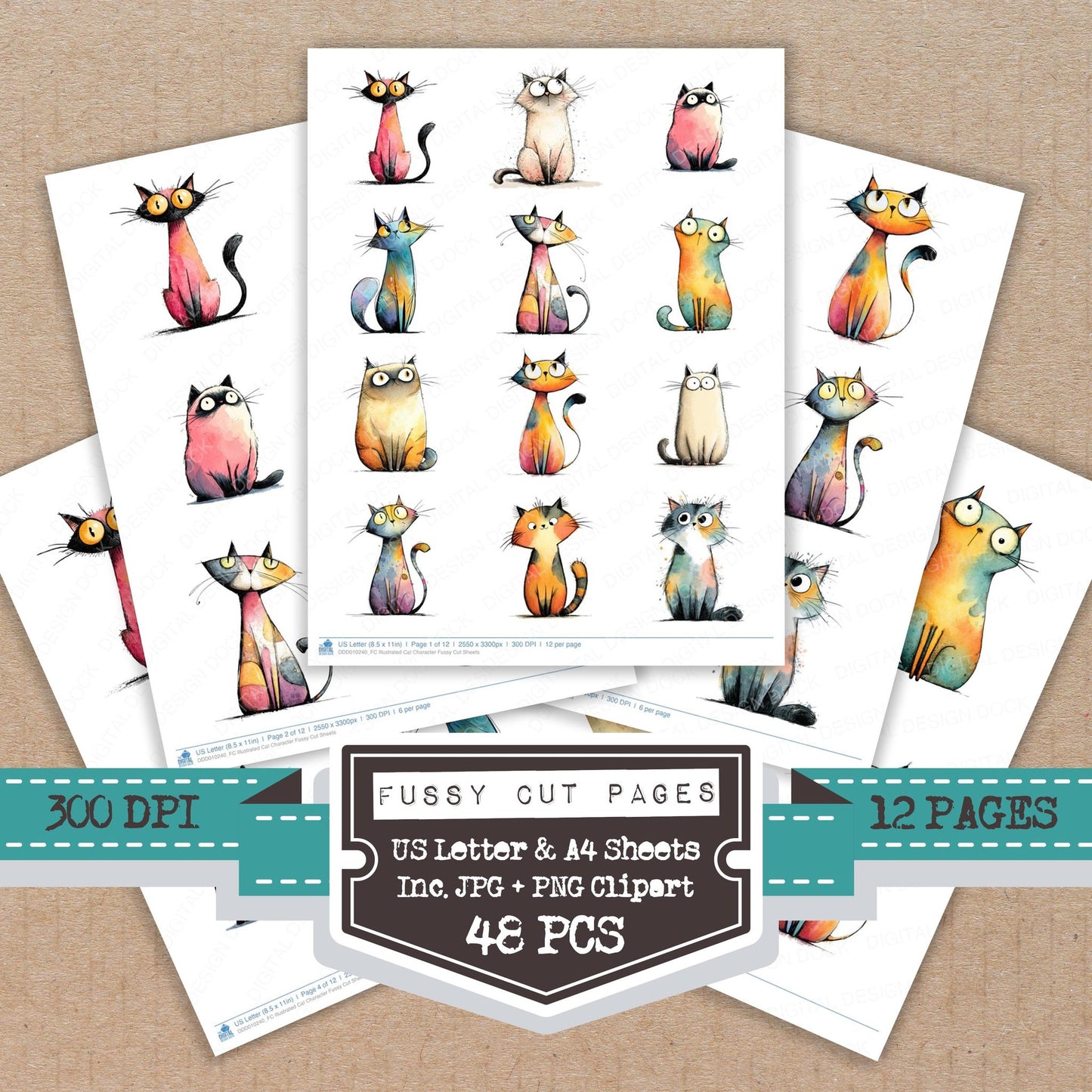 Illustrated Cat Character fussy cut printable sheets for junk journaling, scrapbooking, and paper craft projects