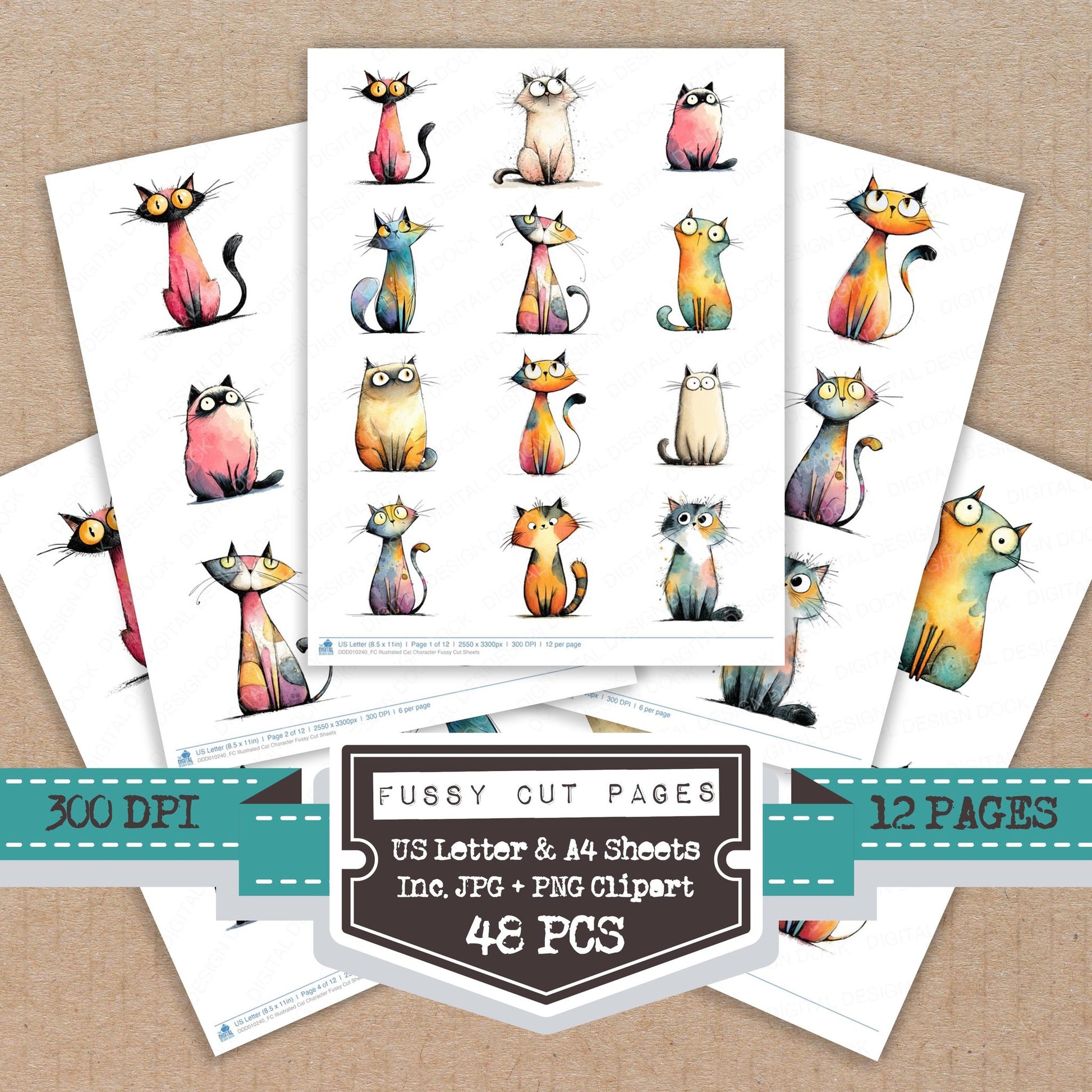 Illustrated Cat Character fussy cut printable sheets for junk journaling, scrapbooking, and paper craft projects