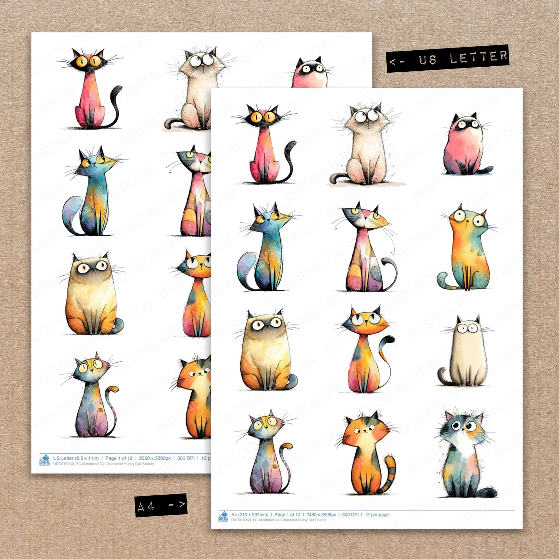A4 and US Letter format comparison showing Illustrated Cat Character fussy cut pages for print and cut crafting