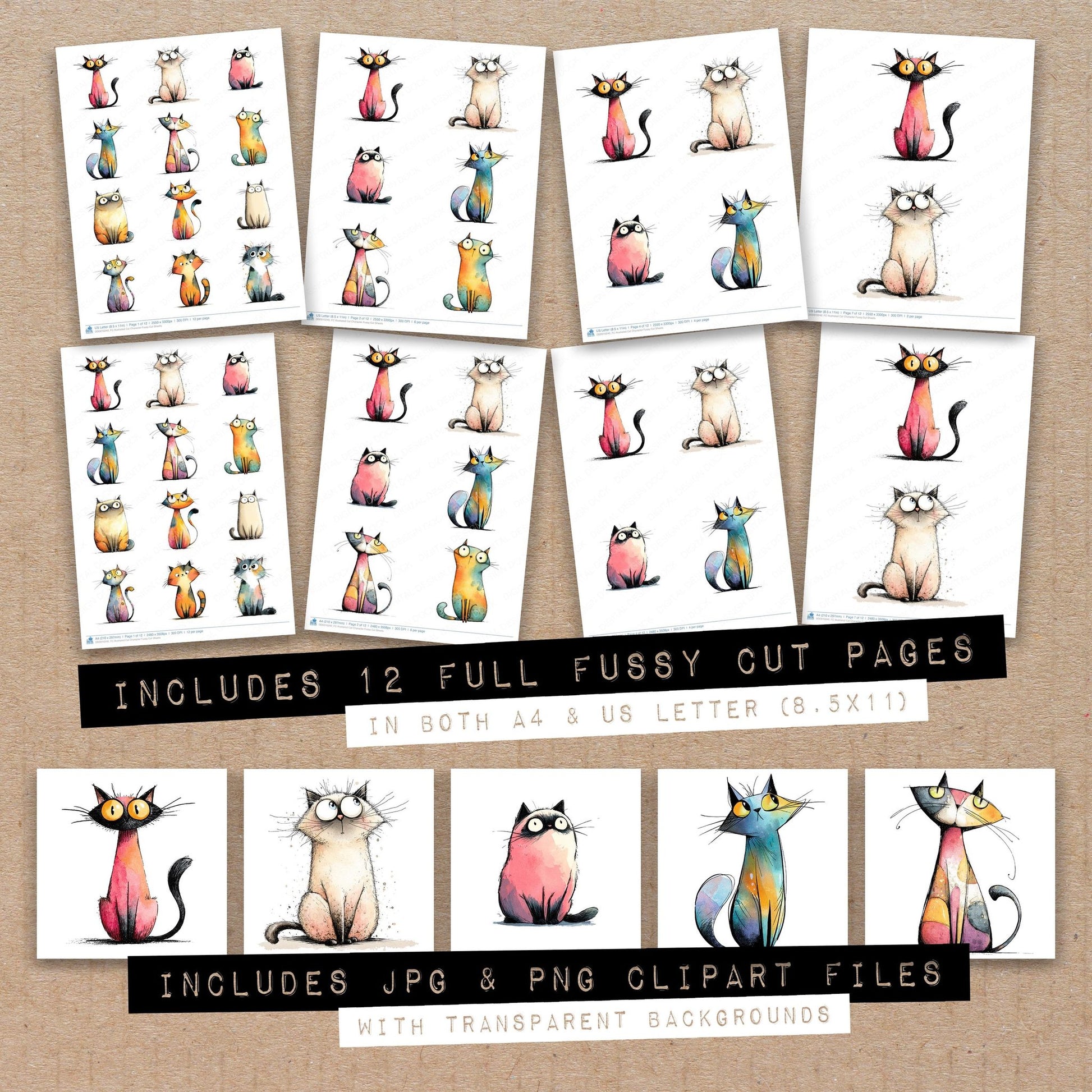 Full collection view of Illustrated Cat Character fussy cut sheets with bonus clipart JPG and PNG files