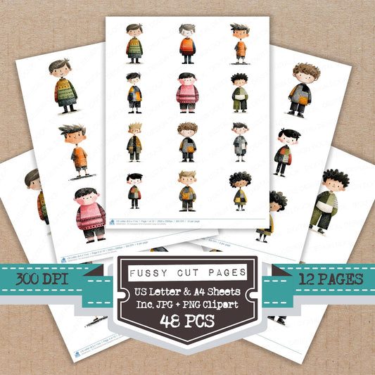 Illustrated Child Character fussy cut printable sheets for junk journaling, scrapbooking, and paper craft projects