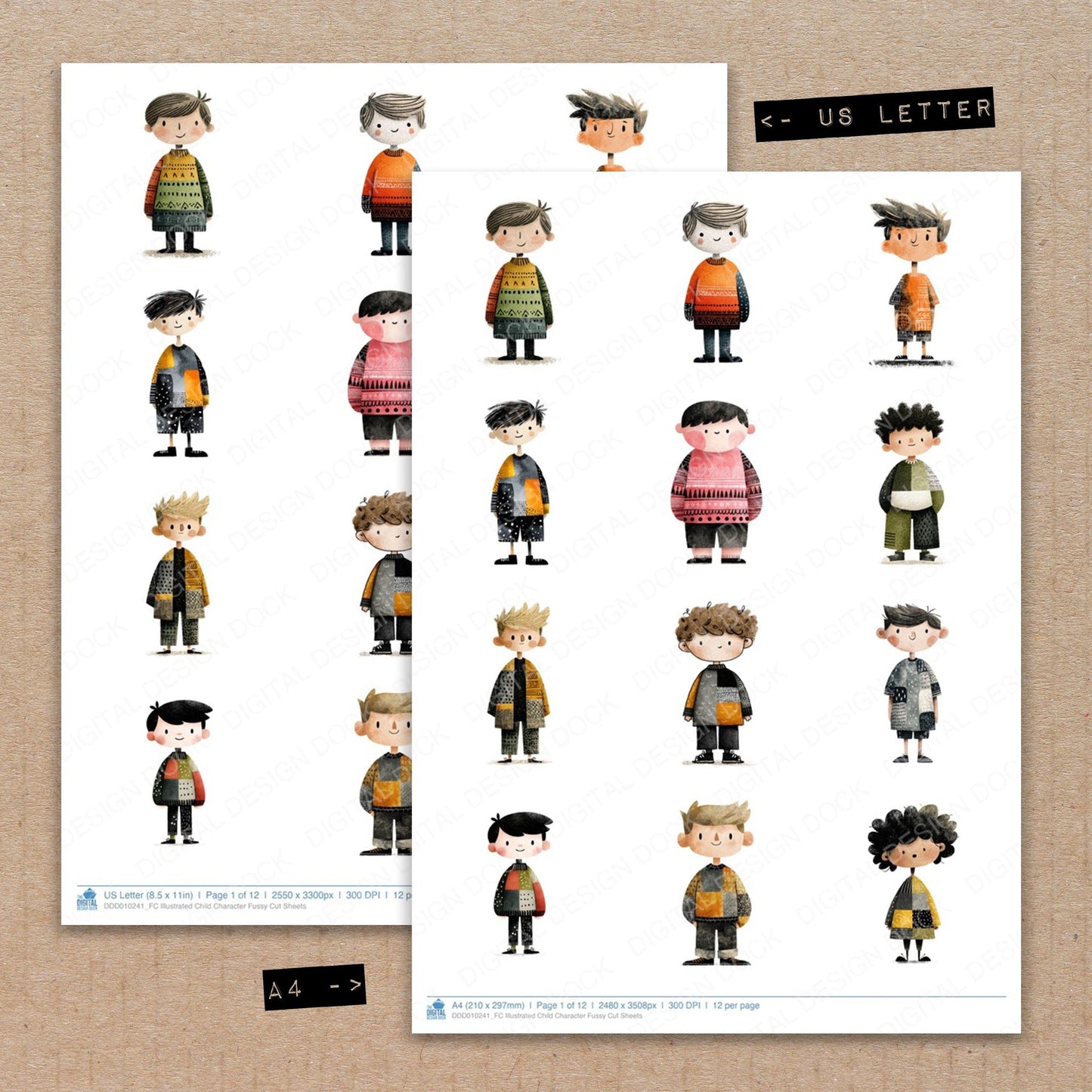 A4 and US Letter format comparison showing Illustrated Child Character fussy cut pages for print and cut crafting