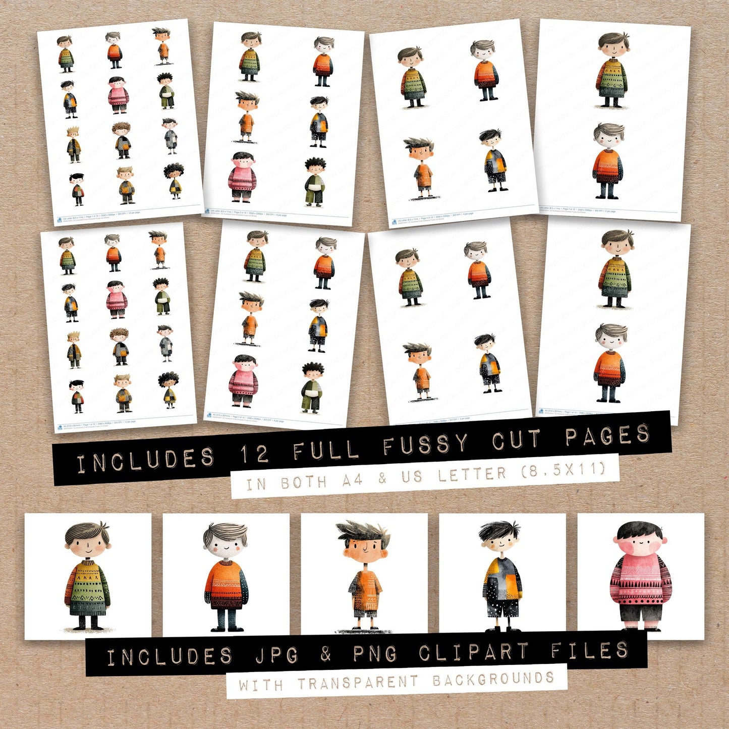 Full collection view of Illustrated Child Character fussy cut sheets with bonus clipart JPG and PNG files