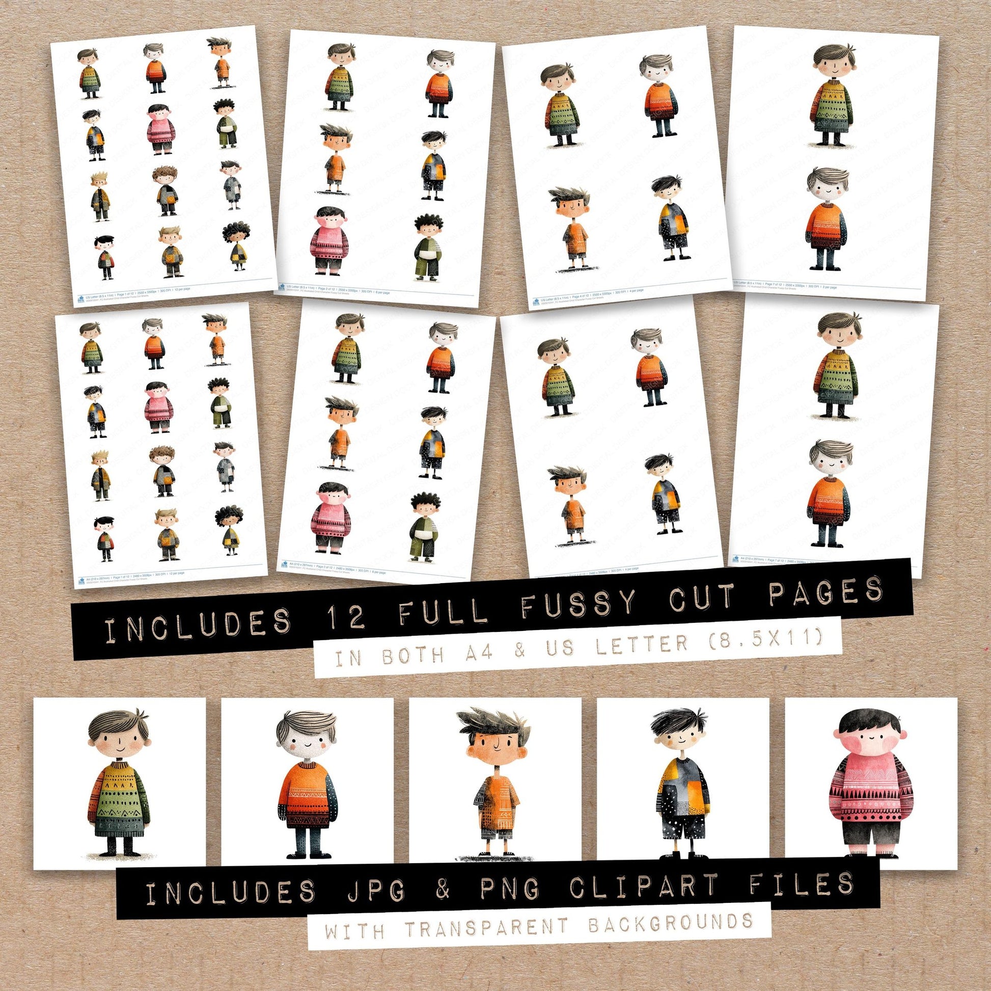 Full collection view of Illustrated Child Character fussy cut sheets with bonus clipart JPG and PNG files