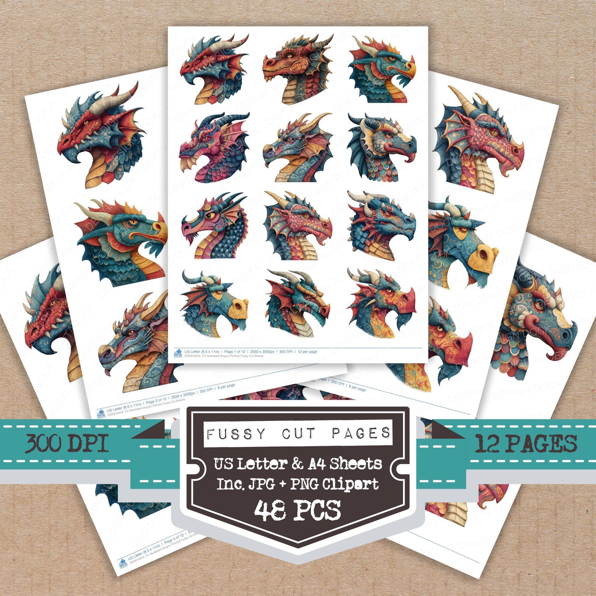 Illustrated Dragon Portrait fussy cut printable sheets for junk journaling, scrapbooking, and paper craft projects