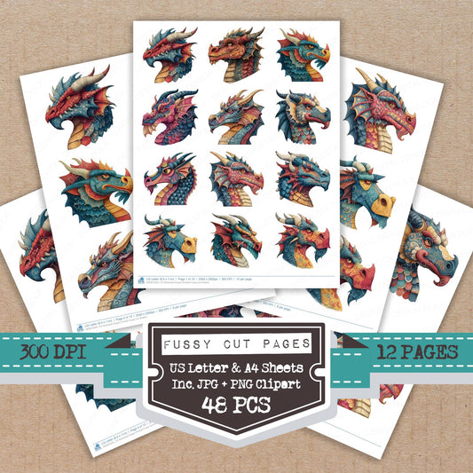 Illustrated Dragon Portrait fussy cut printable sheets for junk journaling, scrapbooking, and paper craft projects
