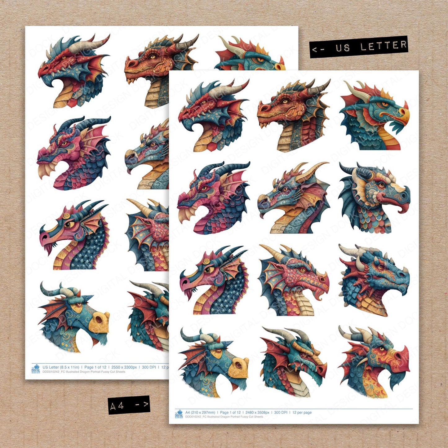 A4 and US Letter format comparison showing Illustrated Dragon Portrait fussy cut pages for print and cut crafting