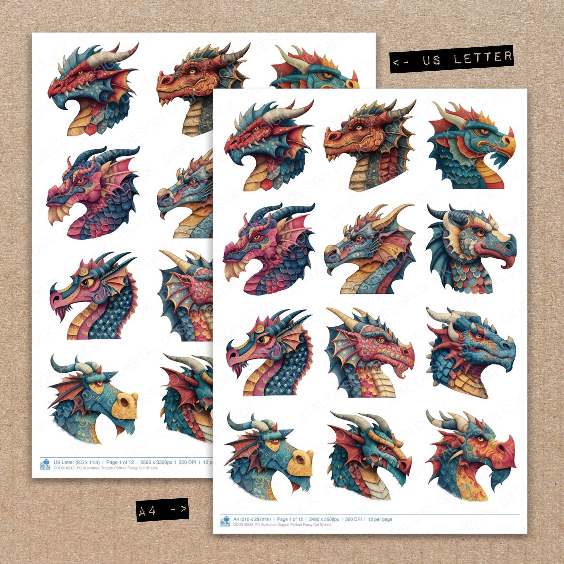 A4 and US Letter format comparison showing Illustrated Dragon Portrait fussy cut pages for print and cut crafting