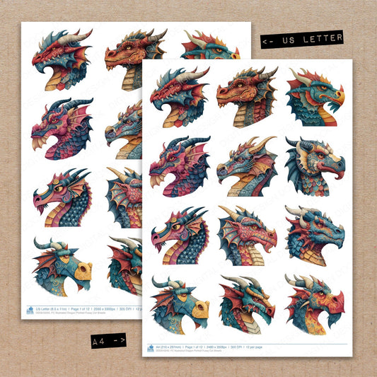 A4 and US Letter format comparison showing Illustrated Dragon Portrait fussy cut pages for print and cut crafting