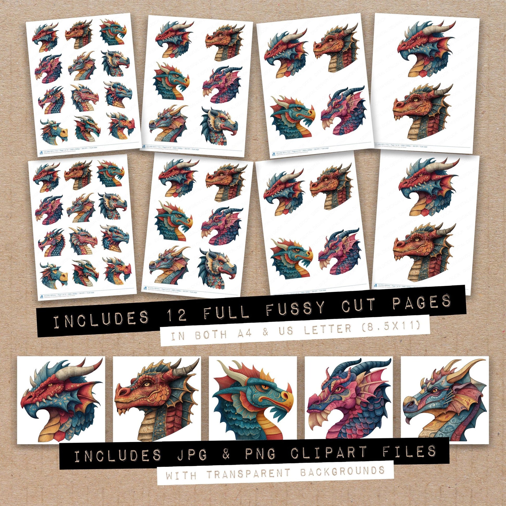 Full collection view of Illustrated Dragon Portrait fussy cut sheets with bonus clipart JPG and PNG files