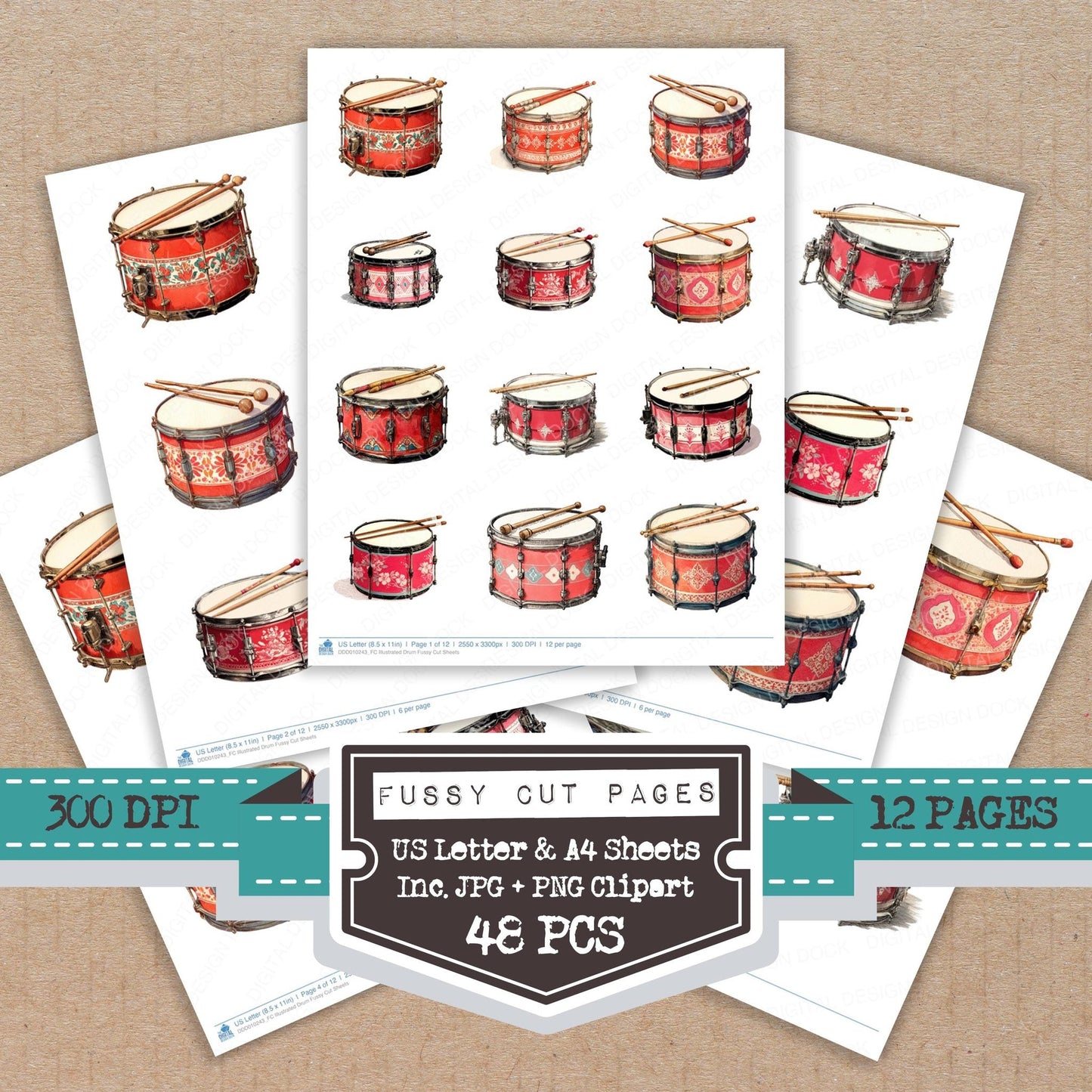 Illustrated Drum Fussy Cut Sheets (DDD010243)