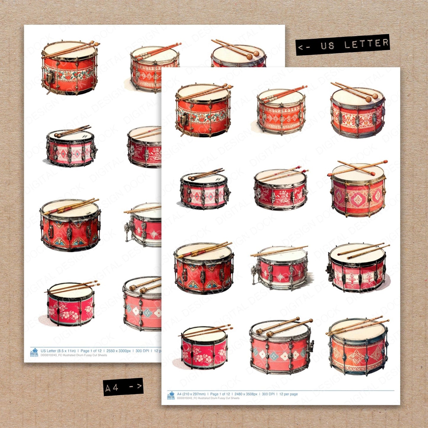 Illustrated Drum Fussy Cut Sheets (DDD010243)